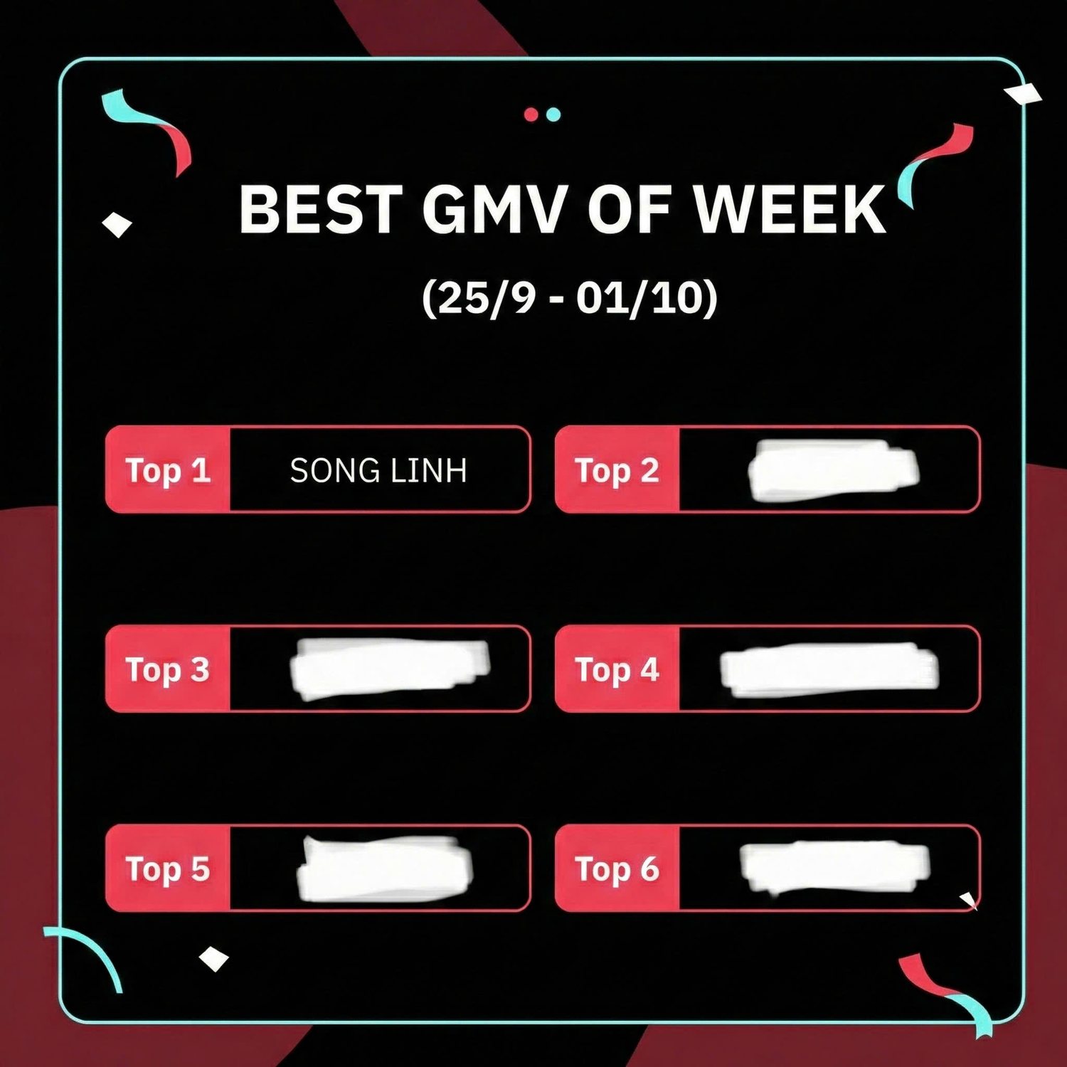 Bảng Best GMV of Week 25/09 – 01/10 có Song Linh